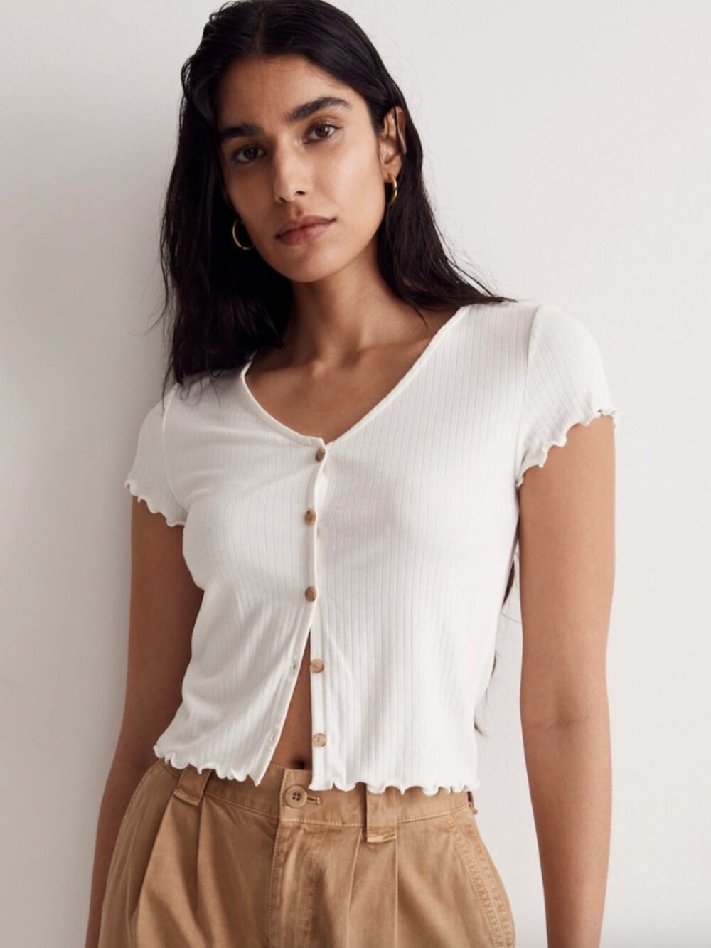 Madewell Ribbed Button-Front V-Neck Tee - White/Cream - Large